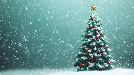 A beautifully decorated Christmas tree stands amidst falling snow, creating a festive and magical winter ambiance.