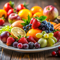 close up of fruits in plate on table