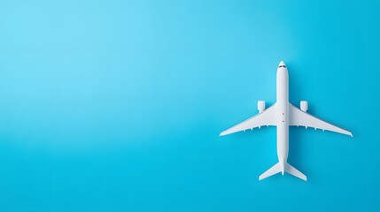 Flat lay design of travel concept with plane on blue background with copy space. 