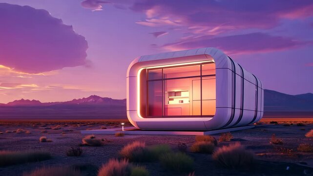 A modern, minimalist structure in a serene desert landscape at sunset, innovative architecture