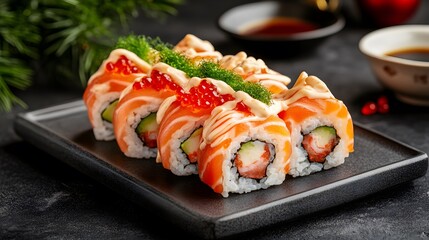 A beautifully plated sushi roll topped with salmon, roe, and garnishes on a black dish, set against a dark background.