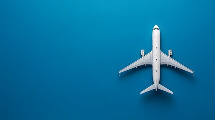 Flat lay design of travel concept with plane on blue background with copy space. 