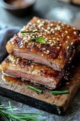 Glazed Meat Slices with Sesame Seeds and Green Onions on Wooden Cutting Board