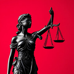 Blindfolded lady justice holding scales, deep red background.