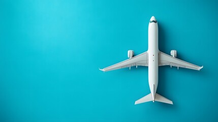 Flat lay design of travel concept with plane on blue background with copy space. 