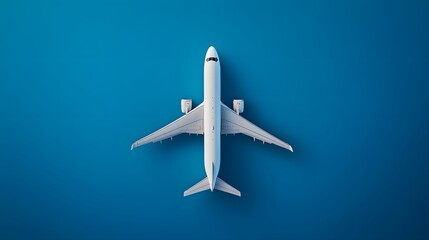Flat lay design of travel concept with plane on blue background with copy space. 