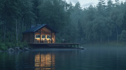 Fototapeta premium A cabin with lit screens sits on a lake in