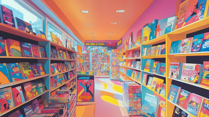 Naklejka premium Comic book store with colorful shelves, vibrant and lively, pop art, bright colors, photograph, energetic atmosphere. Comic Book Pop Art. Illustration