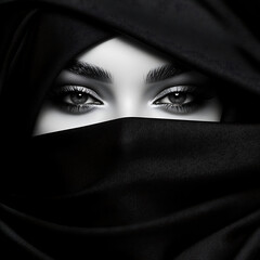 Naklejka premium Mysterious eyes peeking from a black veil, evoking curiosity and intrigue.