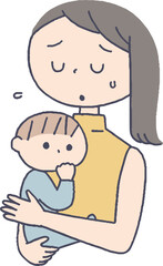 困った表情の女性と赤ちゃん