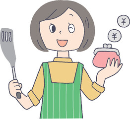 節約している主婦のイラスト