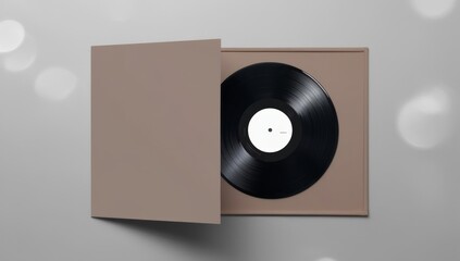 black vinyl LP record and a blank copy space beige album cover, flat lay against a smooth, neutral background with bokeh lights. Mockup template. Music concept