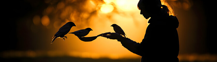 Fototapeta premium Silhouette Person Feeding Birds Soft Glow Photo Stock Nature Harmony Therapeutic Moments Animal Interaction Photography Concept Captured Image Stationary Camera Reflecting Peaceful Scene