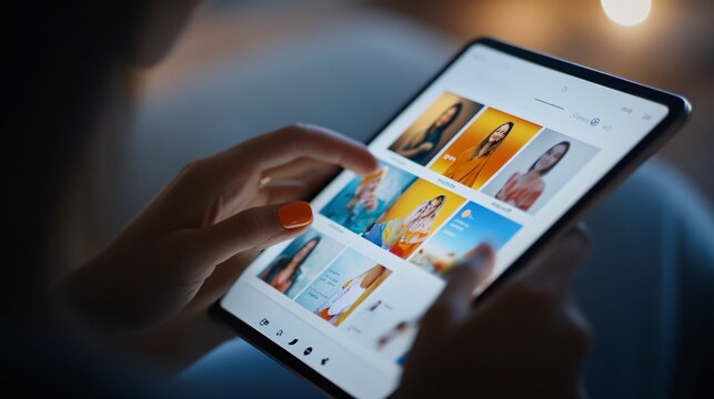 A user views images on a tablet, exploring a vibrant gallery of visual content in a cozy, dimly lit environment.