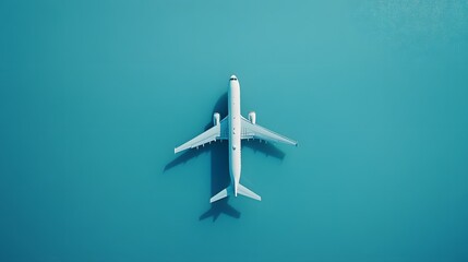 Flat lay design of travel concept with plane on blue background with copy space. 