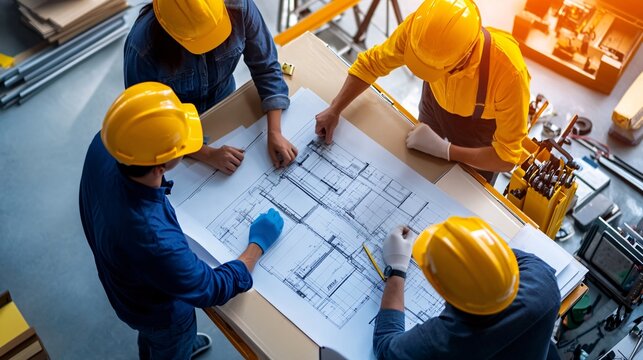 A group of construction workers in yellow hard hats collaborate over blueprints on a table, discussing plans for a project.