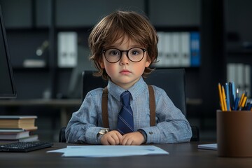 Serious Child Seated at Desk with Glasses and Tie