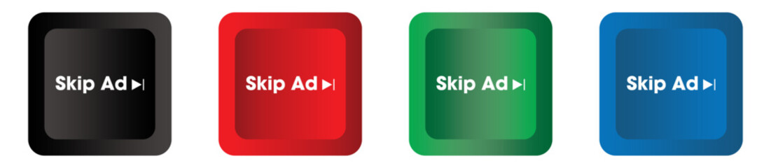 Skip ad button. skip advertisement transparent png button for website, 3d black, red, green and blue. online video player. vector illustration.