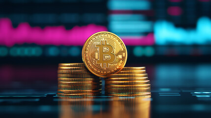 Close-up of Bitcoin coins stacked with a digital trading chart in the background, emphasizing cryptocurrency market trends and financial investments.