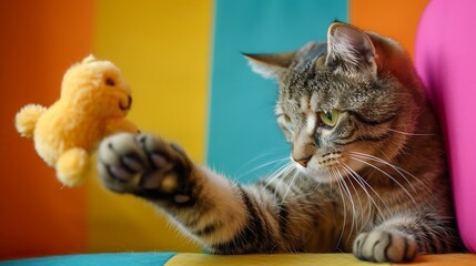 Cat pawing at a soft plush toy on colorful background