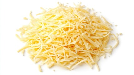 A pile of delicious shredded cheese on a white background captured from an overhead perspective