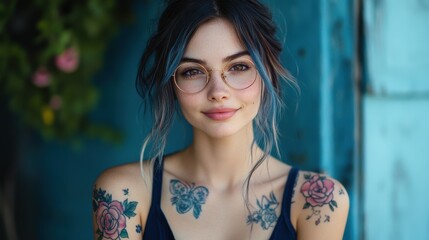 Fototapeta premium A stylish young woman showcasing her floral tattoos and glasses smiles warmly at the camera while standing in a sunlit interior. The atmosphere is inviting and relaxed.