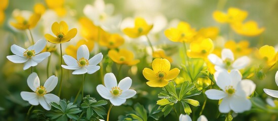 Floral Background Wild Spring Flowers Of Yellow Anemone Ranunculoides And White Anemone Nemorosa
