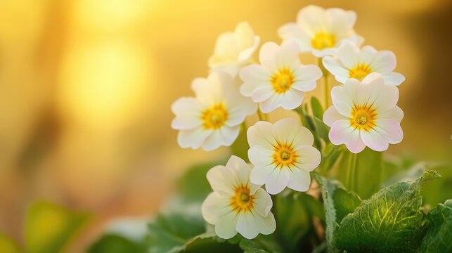 Macro shot of spring forest flowers with primroses set against a soft golden blurred background An elegant and artistic floral scene ideal for wallpaper or card designs
