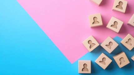 Team building concept illustrated with wooden blocks and people icons on a vibrant blue and pink backdrop representing human resources and management themes