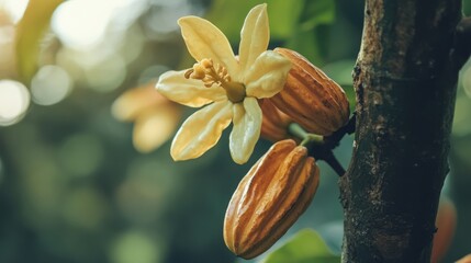 Close up of cacao blossoms on a cocoa tree