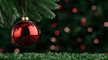 A photostock of red Christmas ornaments hanging on a green pine tree, with a blurred holiday background.