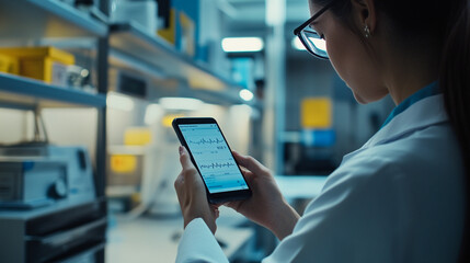 Scientist reviewing data on a smartphone in a laboratory during working hours