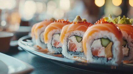 A visually appealing arrangement of sushi rolls featuring vibrant fish crisp vegetables and tender rice presented on an elegant plate at a dining setup