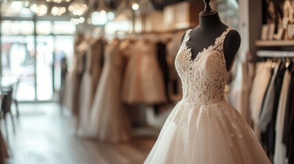 Stylish white wedding gown displayed on a mannequin in a bridal boutique