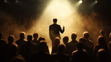 "Leader in the Spotlight"  A confident leader guiding a team in a business setting. 