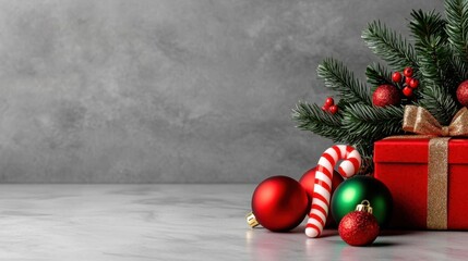 A photostock of red and green candy canes on a festive table, with holiday decorations.
