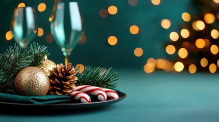 A photostock of red and green candy canes on a festive table, with holiday decorations.