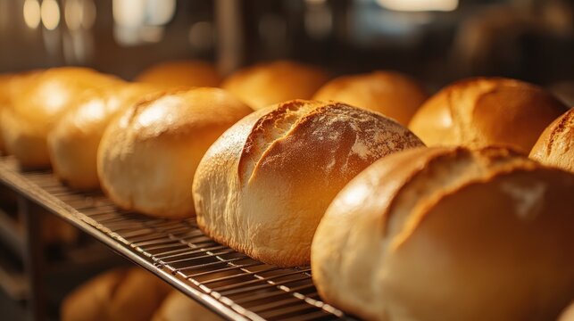Neatly arranged freshly baked loaves of bread on wire racks showcase their golden crusts enhanced by soft lighting that highlights warmth and freshness