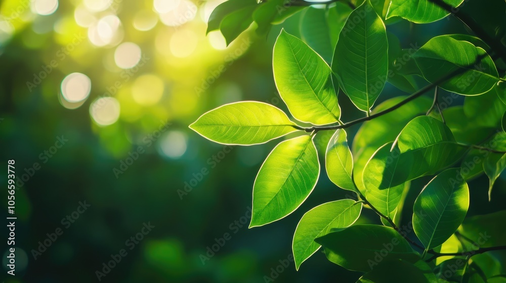Wall mural vibrant green leaves illuminated by sunlight set against a gentle bokeh backdrop creating a serene a
