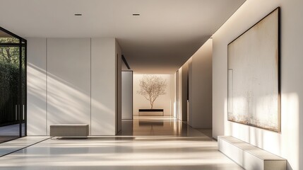 Contemporary minimalist entrance hall featuring natural light materials and modern art displayed on the walls