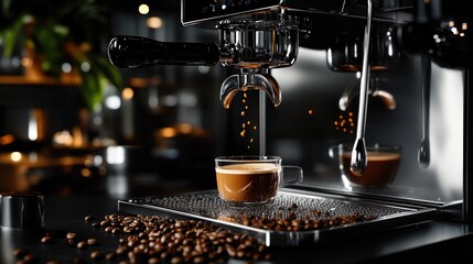 Contemporary coffee machine featuring fragrant beans brewed coffee milk frother shiny teaspoon dark surface gentle lighting elegant ambiance
