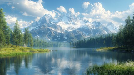 Mountain lake reflecting blue sky and clouds.
