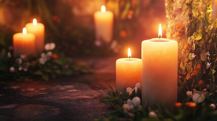 Photorealistic background for All Saints Day or All Souls Day featuring candles and soft tones providing ample space for text