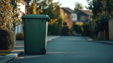 A lone green wheelie bin sits on a peaceful residential street emphasizing the concept of urban waste management