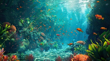 Vibrant Underwater Scene with Coral Reef and Colorful Fish