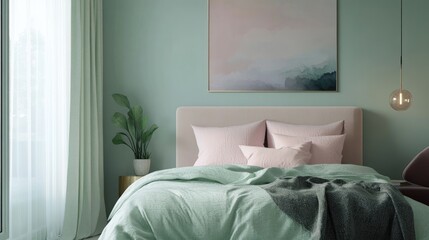 Minimal contemporary bedroom interior design ideas featuring a soothing palette of pale green and soft pink tones creating a cozy and inviting atmosphere in a beautifully designed space