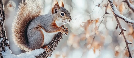 Obraz premium Red And Gray Haired Squirrel Sitting On The Tree In Early Spring Forest