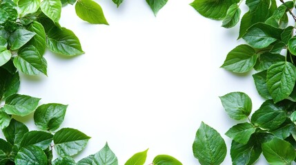 Panoramic style frame of green leaves on a white background