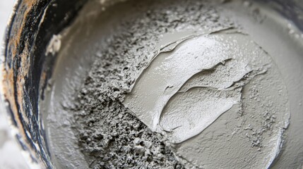 Close up view from above of wet mortar cement paste blended in a bucket