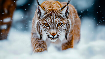 Fototapeta premium Close-up of a lynx stalking carefully in the snow with intense focus in a winter wilderness